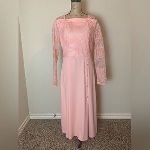 Peach colored lace top dress.